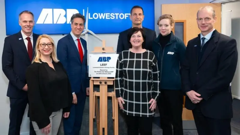 The image shows ABP officials unveiling the Lowestoft Eastern Energy Facility (LEEF) official plaque