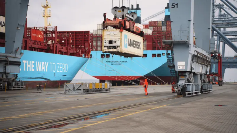 The photo shows Denmark's largest container terminal at Aarhus
