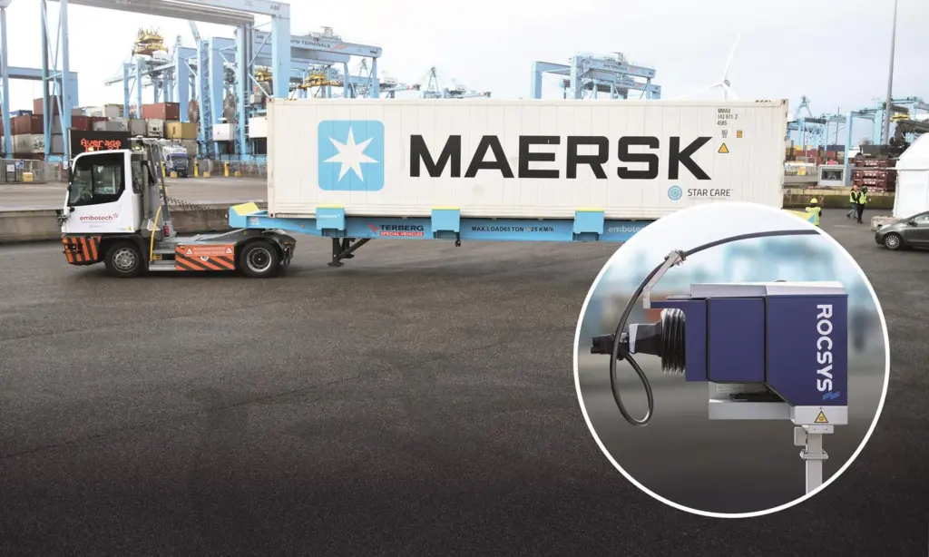 Maersk truck at the APMT Massvlakte II terminal at the Port of Rotterdam with an image of a Rocsys hands-free charging unit