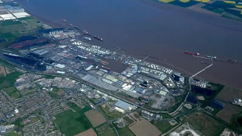The image shows an overhead shot of the UK Port of Immingham