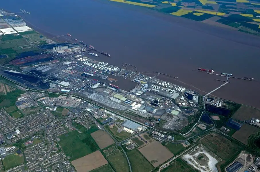 The image shows an overhead shot of the UK Port of Immingham