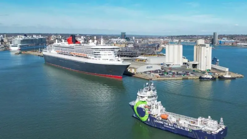 The image shows Fortescue Green Pioneer, Europe’s first dual-fuel ammonia-powered vessel, in the water at Southampton