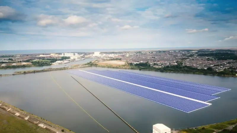 The picture shows a visualisation of the proposed floating solar array in Cavendish Dock, Barrow.