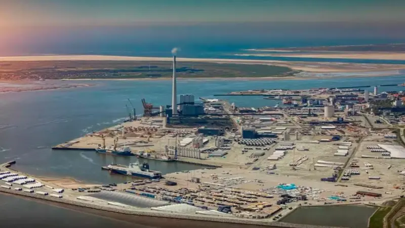The image shows an overhead shot of the Port of Esbjerg