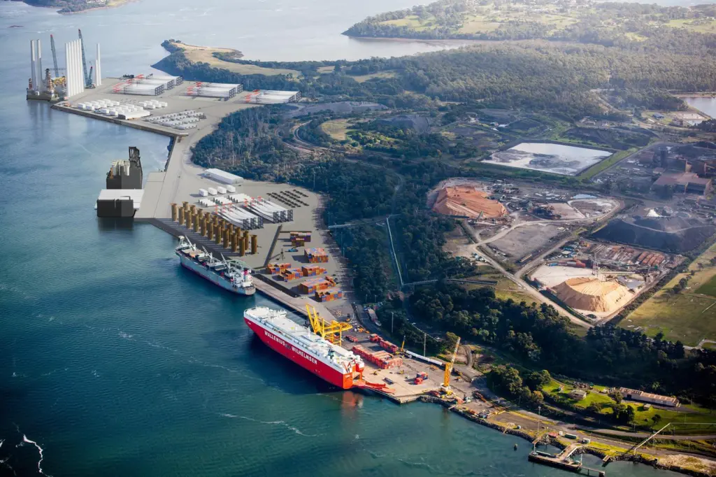 The image shows a graphic representation of TasPorts’ vision of the proposed renewable energy terminal, shown at top left of the picture