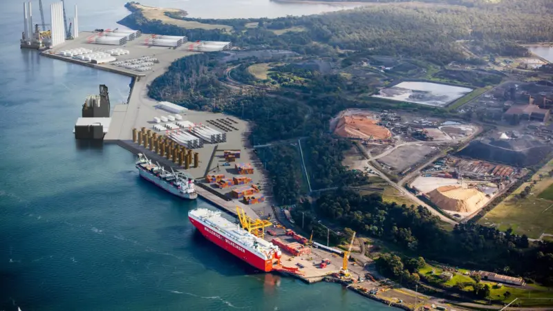 The image shows a graphic representation of TasPorts’ vision of the proposed renewable energy terminal, shown at top left of the picture