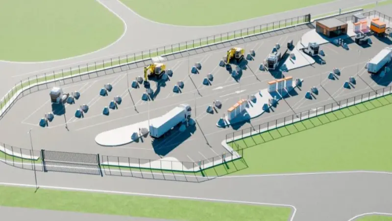 The image shows a render of the 5,000 m² charging hub which will be located near the RWG Terminal