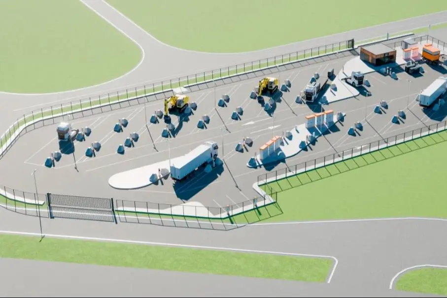The image shows a render of the 5,000 m² charging hub which will be located near the RWG Terminal