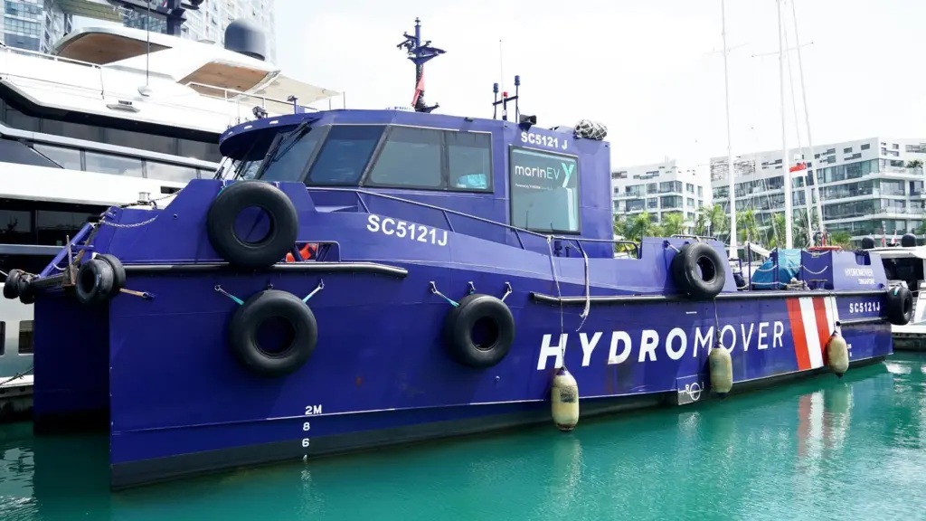 Hydromover electric cargo vessel at the Port of Singapore