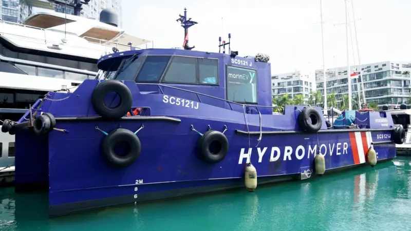 Hydromover electric cargo vessel at the Port of Singapore