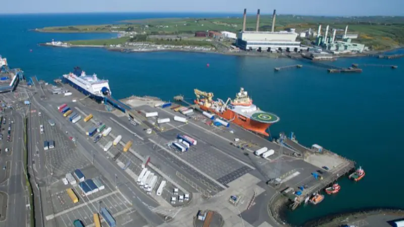 The image shows an overhead shot of Larne Harbour