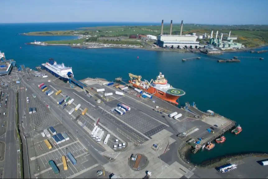 The image shows an overhead shot of Larne Harbour