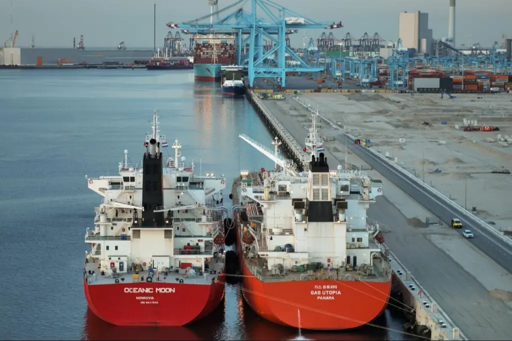 The image shows the port’s first ship-to-ship transfer taking place