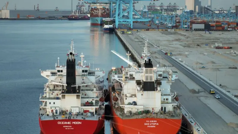 The image shows the port’s first ship-to-ship transfer taking place