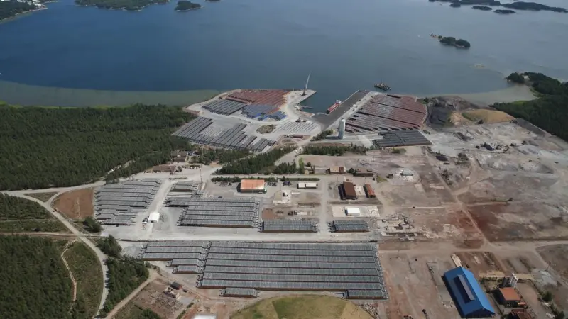 The image shows an overhead shot of Koverhar Harbour in Hank, Finland