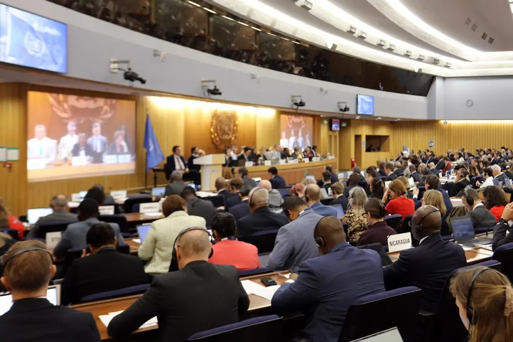 The photo shows a panoramic shot of the IMO's MEPC 83 meeting from 7 to 11 April 2025