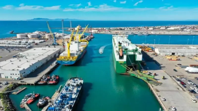 The image shows an overhead shot of the Port of Hueneme