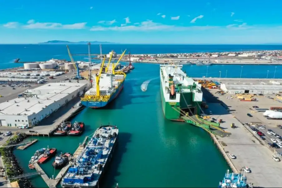 The image shows an overhead shot of the Port of Hueneme