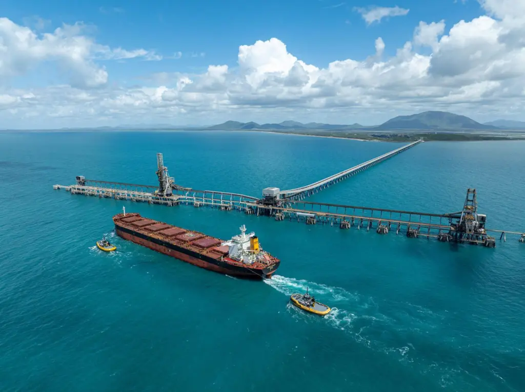 A ship with two tugs at the end of a very long pier at NQXT Port