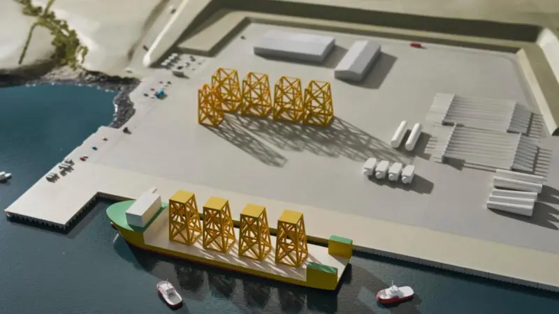 The image shows a render of what the completed Scapa Deep Water Quay could look like