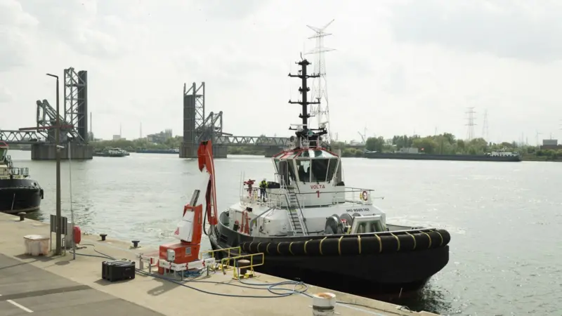 The image shows the Volta 1 on the quayside