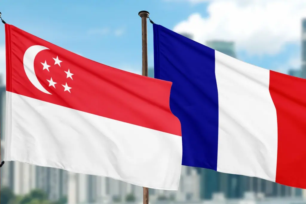 Picture shows the French and Singaporean flag flying at the port
