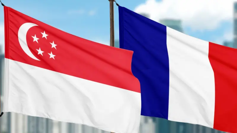 Picture shows the French and Singaporean flag flying at the port
