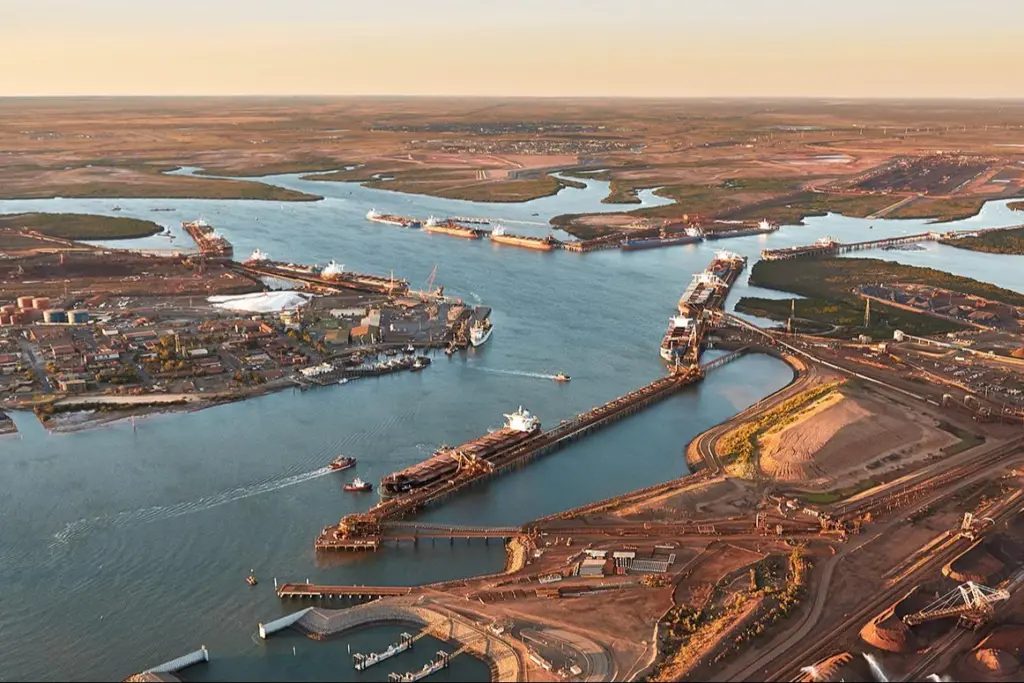 The image shows a overhead shot of the Port of Dampier