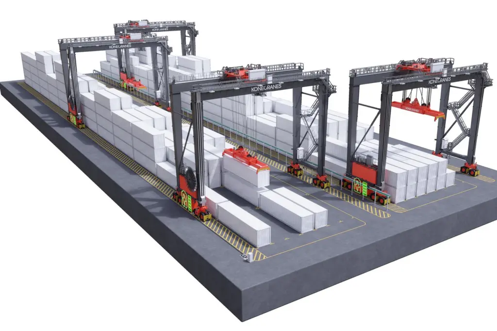 The image shows Konecranes E-Hybrid RTGs on the quayside