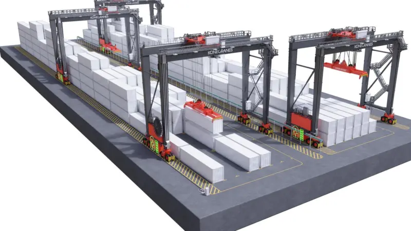 The image shows Konecranes E-Hybrid RTGs on the quayside