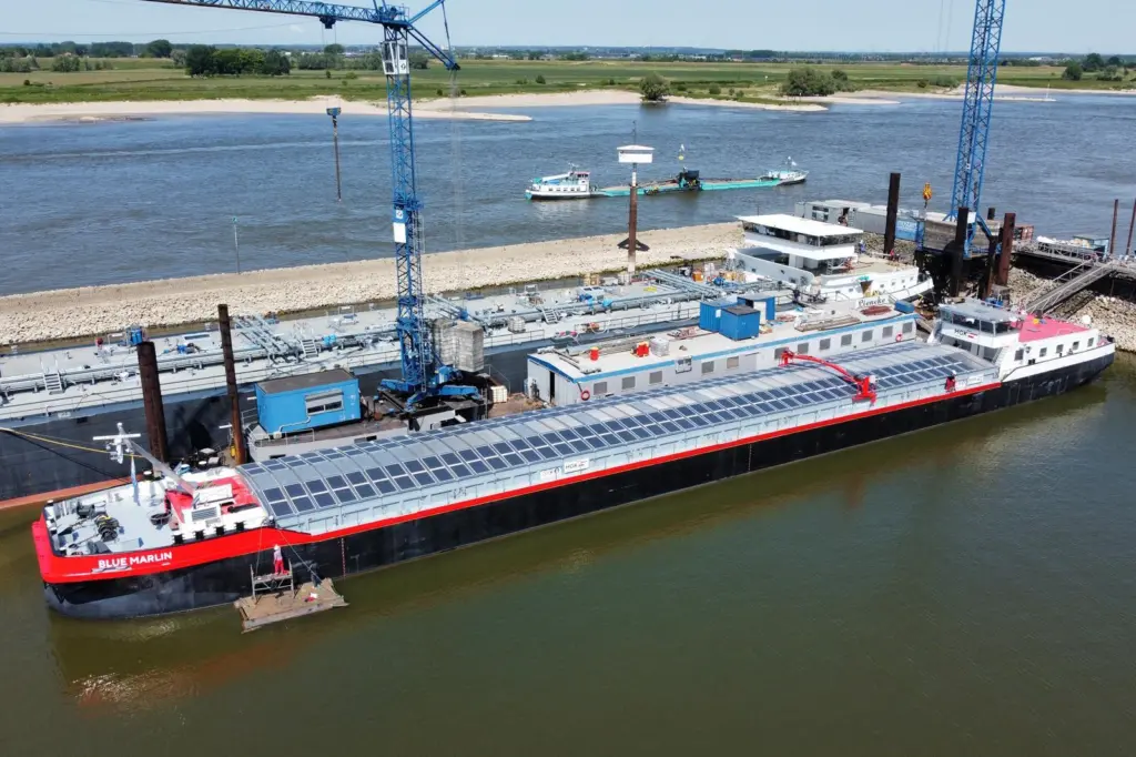 The Blue Marlin with its solar array is pictured moored at the quayside