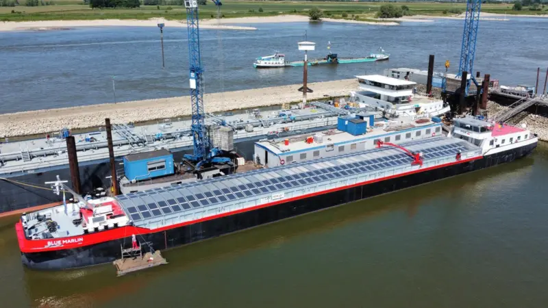 The Blue Marlin with its solar array is pictured moored at the quayside