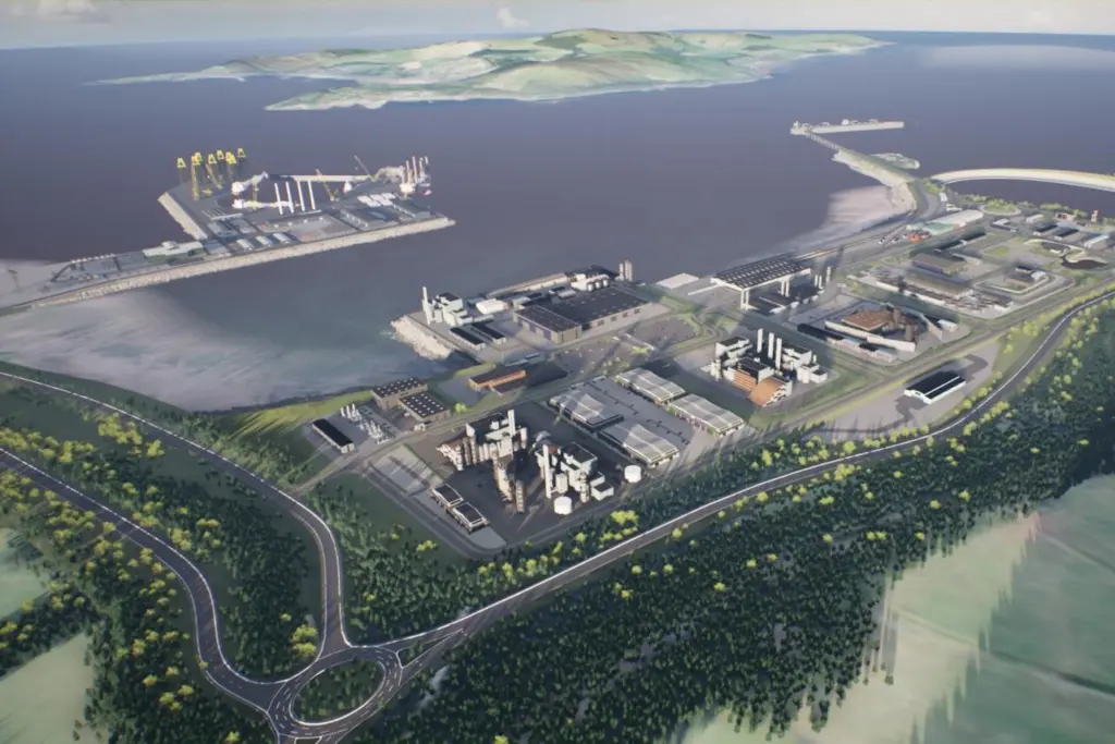 The image shows a CGI overhead shot of the Hunterston PARC development