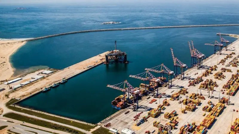 The image shows an overhead shot of South Africa's Port of Ngqura