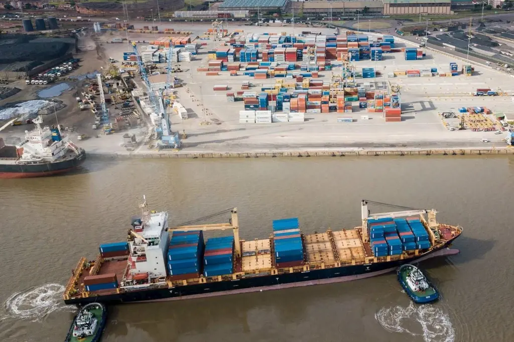 The image shows a view of the DP World terminal at Maputo