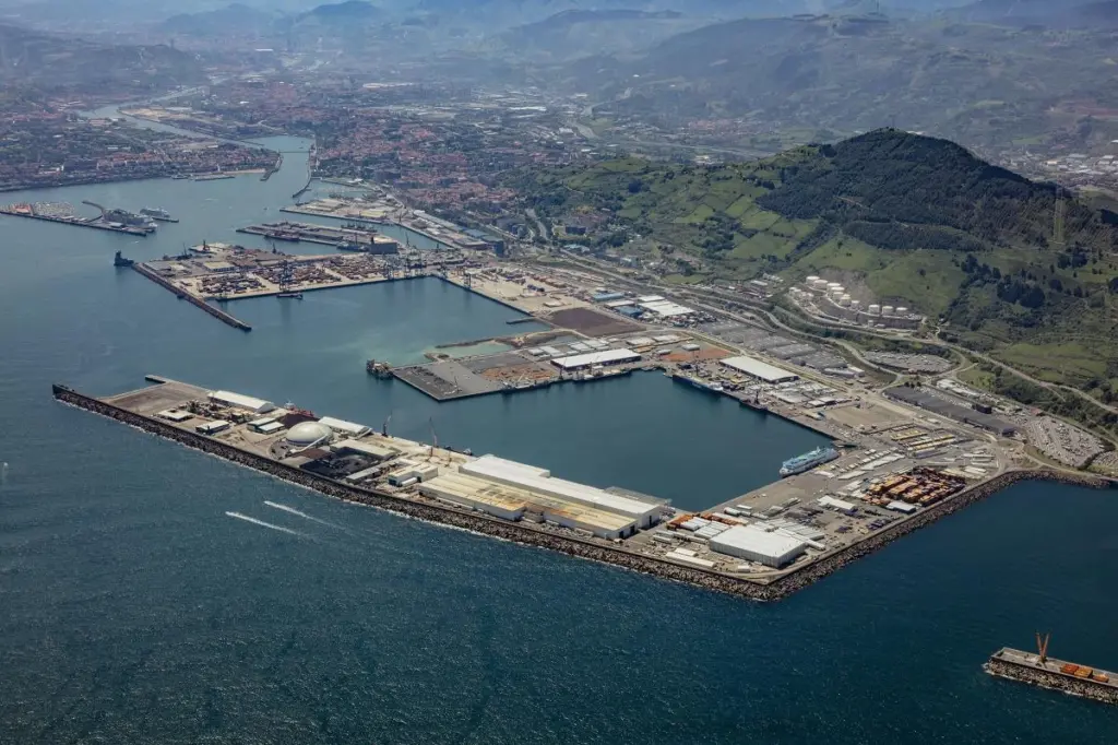 The image shows an aerial shot of Bilbao Port