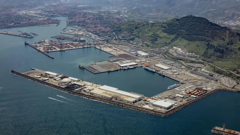 The image shows an aerial shot of Bilbao Port