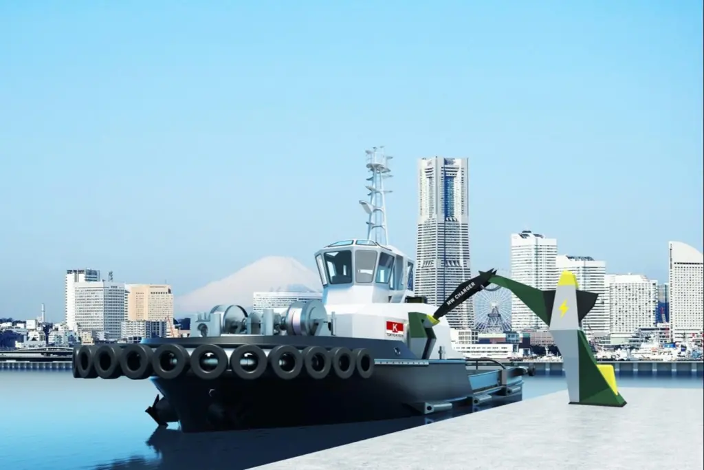 The picture shows an image of the Tokyo Kisen Co. Ltd and Marindows Inc. tug on the quayside