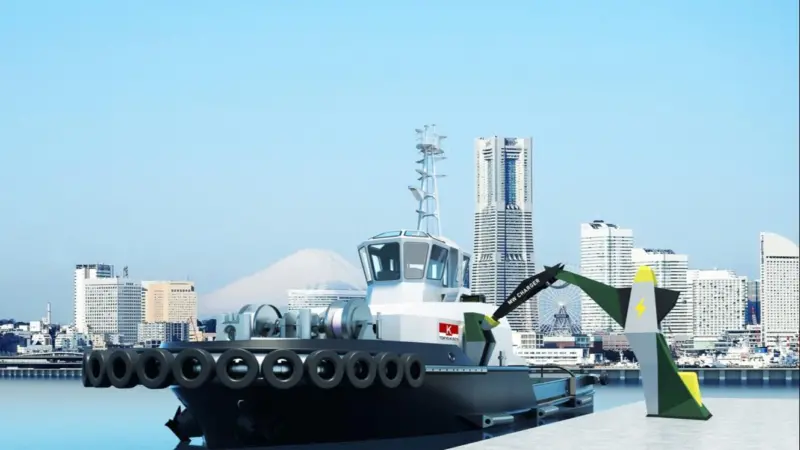 The picture shows an image of the Tokyo Kisen Co. Ltd and Marindows Inc. tug on the quayside