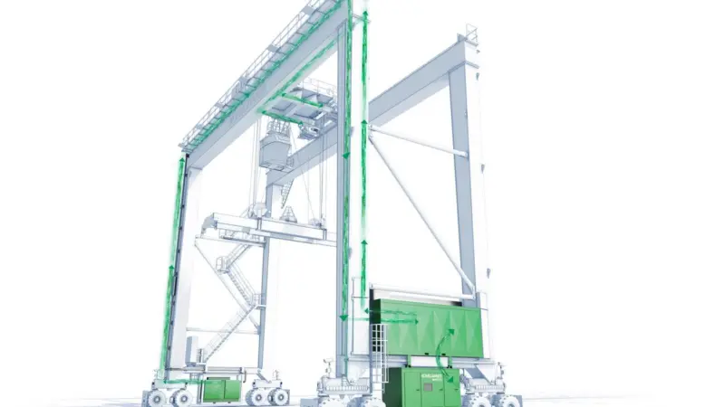 The image shows a Konecranes hybrid RTG