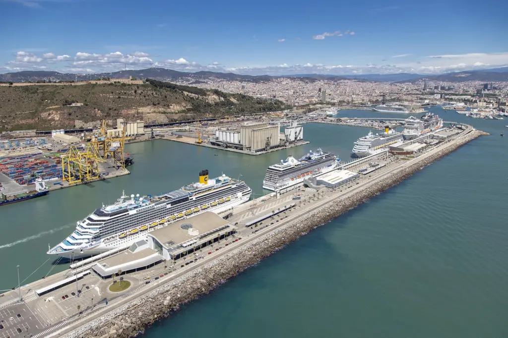 The photo shows an aerial shot of the Port of Barcelona