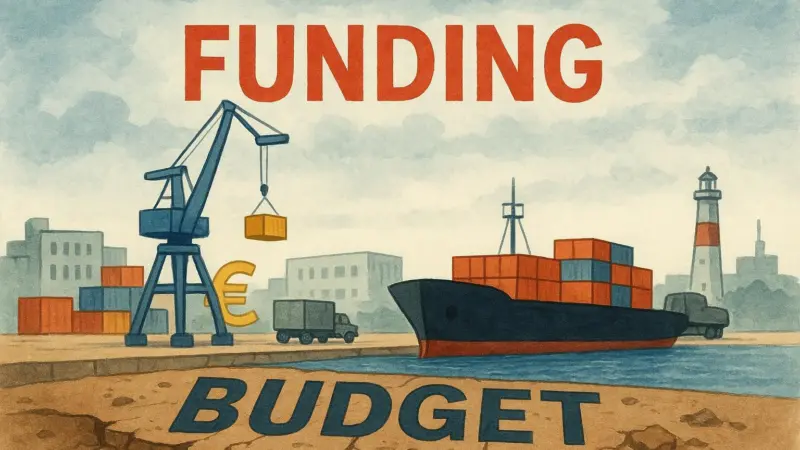 The image shows an AI created graphic detailing EU ports funding woes