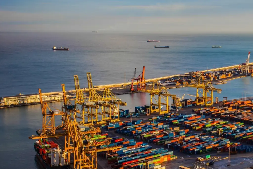 The image is of a aerial shot of a port terminal
