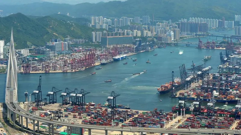 The image shows a wide angle shot of the terminals at the Port of Hong Kong