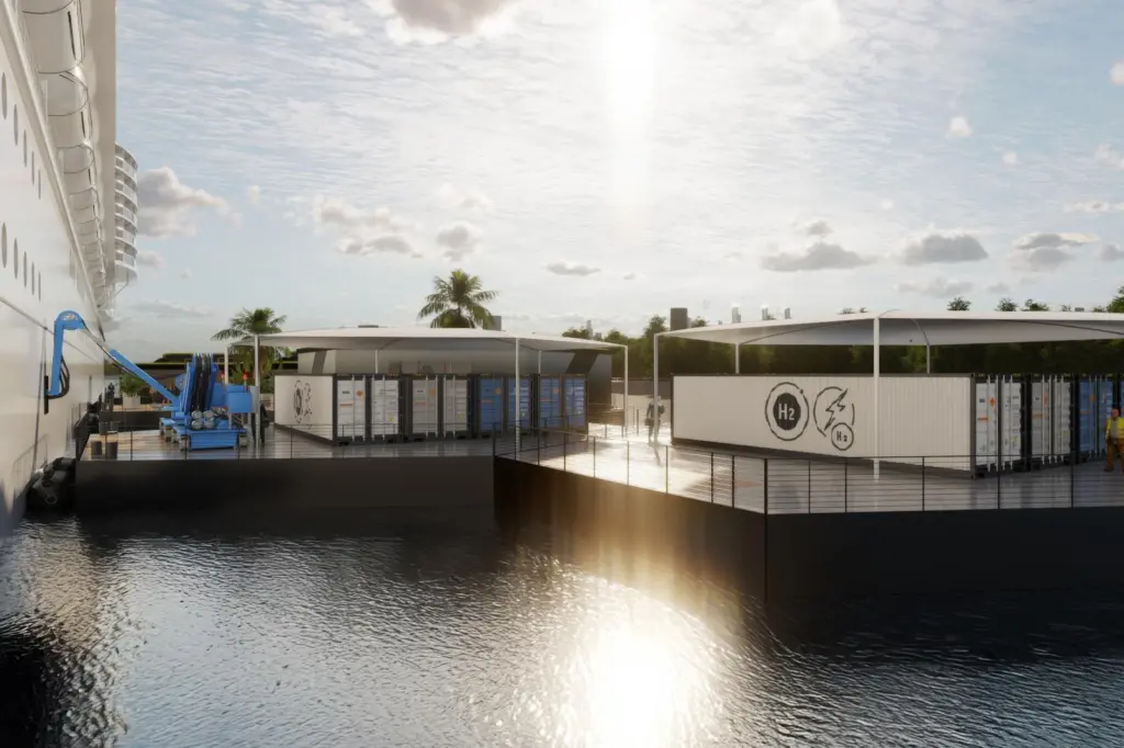 The image shows a render of a hydrogen-powered floating micro-grid