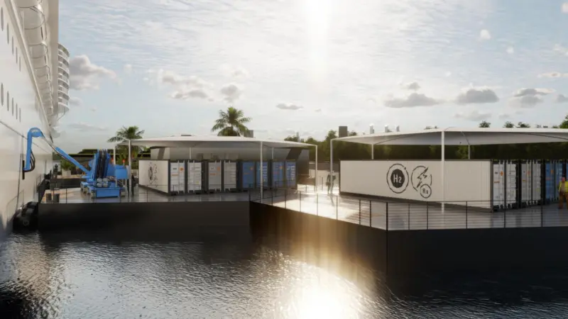 The image shows a render of a hydrogen-powered floating micro-grid