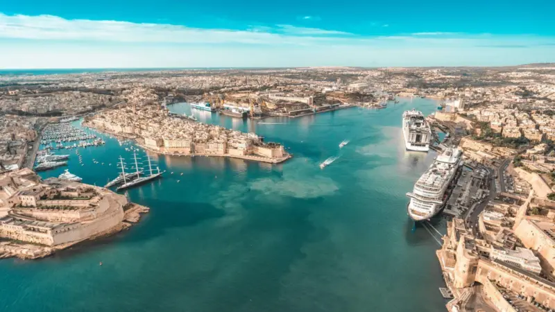 A wide angle shot of the Grand Harbour, Port of Valletta, Malta