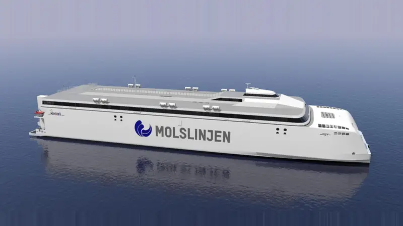 The image shows a render of the Molslinjen high-speed catamaran ferry