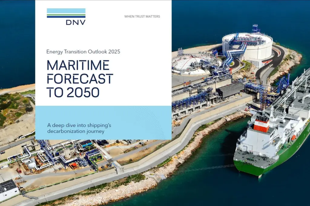 The image shows the front cover of the DNV’s latest Maritime Forecast to 2050