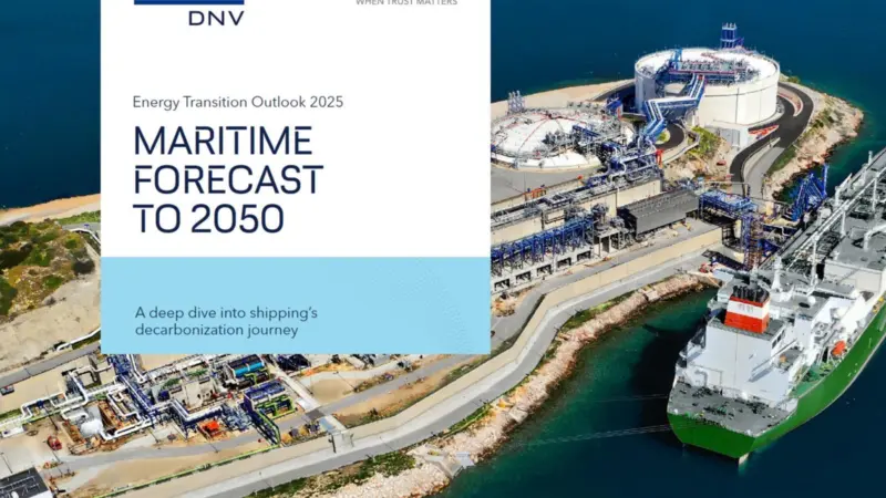 The image shows the front cover of the DNV’s latest Maritime Forecast to 2050